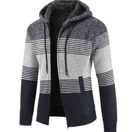 FALIZA Men's Sweater Coat Autumn Winter Thick Warm Hooded Stripe Wool Sweater Cardigan Jumpers Zipper Fleece Coat Men XY103 210804