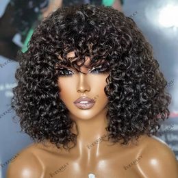 Easy Instal Natural Curly Human Hair Machine Made Wig for Black Women with Bang 180 Density Remy Brazilian Hair Fringe Wigs