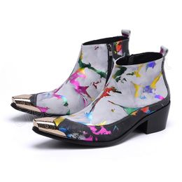 Colourful Print Genuine Leather Mens Boots Pointed Toe High Heels Male Party Ankle Boots Shoes for Men
