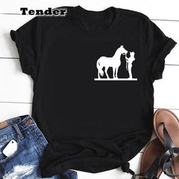 Punk Cowgirl And Horse T-shirt Women Sexy Tops Grunge Graphic Harajuku Shirts For Aesthetic Tee