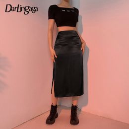 Darlingaga Vintage Brown High Waist Skirt Female Harajuku Satin Long Side Split Ladies Summer s Gothic Clothes W220426