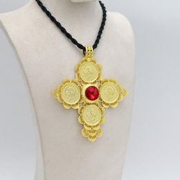 Pendant Necklaces Ethiopian Gold Jewelry Big Red Diamond Cross Necklace Men's Women's Couple Christian GiftsPendant