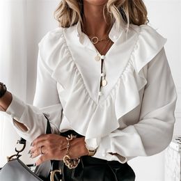 Casual Leopard Dot Print Ruffle Blouse Shirt Autumn Winter Long Sleeve Women Shirts Elegant Office Lady V-Neck Button Tops Blusa 220402