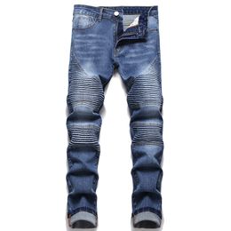 2022 New High Street Stretch Biker Jeans Fashion Slim Men's Pleated Cargo Pants Solid Blue Skinny Trousers Vaqueros de hombre