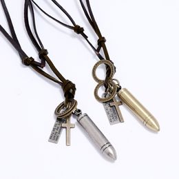 Bullet Cross Pendant Necklace Adjustable String Leather Chain Necklaces for Women Men Punk Fashion Jewellery Gift