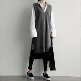 Korean INS wind sweater vest short front and back long vest skirt knitted V-neck thickened mid-length sweater skirt 201223