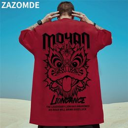 ZAZOMDE Cotton Cool Oversized T Shirt Gothic High Street Hip Hop T-shirt Men Summer Harajuku Loose Lion Dance Tshirt Streetwear 220621