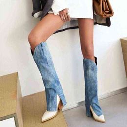 Blue Denim Knee High Boots For Women 2022 Fashion Pointed Toe Thick Heel Cowboy Boots Large Size Female Shoes H220505240l T220812
