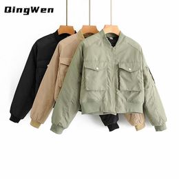 2021 New Women Winter Bomber Military Green Jacket Femme Top Oversized Outerwear Streetwear Jacket Parka Casaco Feminino Inverno L220725