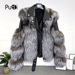 PUDI Women Real Fur Coat Jacket Ins Hot female genuine Fur Parka Coats CT952 201112
