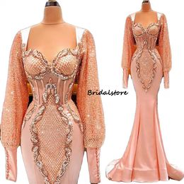 Luxury Aso Ebi Rose Gold Mermaid Prom Dresses For Black Girls 2022 Beaded Long Sleeve African Evening Dress Satin Formal Dinner Party Occasion Robes De Soirée Mariage