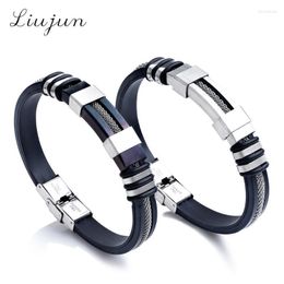 Charm Bracelets Genuine Silicone Rubber Rope Bracelet Men Hollow Out Strip Grain 316L Stainless Steel Bangles Jewelry PulserasCharm Lars22
