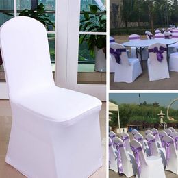 Capas de cadeira de casamento de spandex de poliéster branco universal para casamentos decoração de decoração de hotel dobrável em estoque por porta a porta
