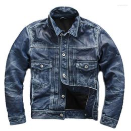 Individuality Genuine Leather Jacket Men Bomber Motorcycle Biker Fashion Tough Guy Spring Autumn Denim Style Cowhide Coats