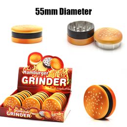 3 Layers Zinc Alloy Hamburger Shape Grinders Smoking Accessories Mix Colours Herb Grinder 55mm OD Diameter Plastic Material Crushers With Display Box GR393