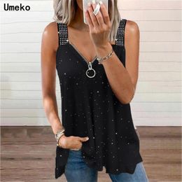 Fashion Women s Summer Plus Size 5XL Chain Sling Diamond Sleeveless Zip Front Top Casual T shirt Decoration Loose 220628