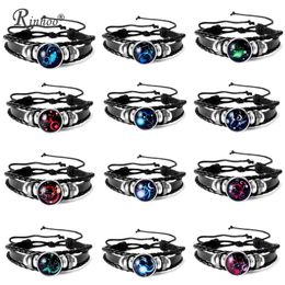 Charm Bracelets 12 Constellations Leather For Women Men Zodiac Sign Snap Charms Stones Beads Bangle Jewelry & BangleCharm