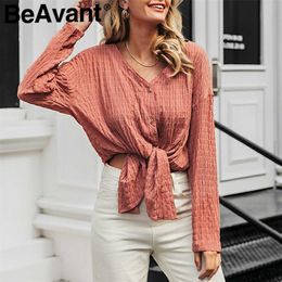 BeAvant Casual v neck plaid blouse shirt women Loose ladies autumn winter tops Long sleeve buttons bow tie female shirts 210709