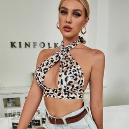 Women's Tanks & Camis Women Sexy Cutout Crop Top Summer Tank Tops Sleeveless Cross Halter Leopard Print Skinny Clubwear Femme CamisoleWomen'