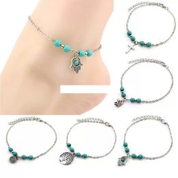 Bohemian turquoise Anklets women beach foot chains cross Tree Turtles conch Fatima's hand Anklet For ladies Fashion Jewelry