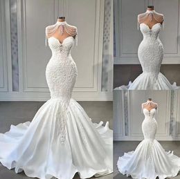 2022 Meerjungfrau Brautkleider Brautkleid aus der Schulter Schatz Schnürkorsett Perlen Sweep Zug Satin Plus Size Vestidos de Novia C0418