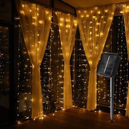 Strings LED Solar Powered 3x1M/3x2M/3x3M Copper Wire Curtain String Lights Waterproof Outdoor Window For Christmas Party WeddingLED