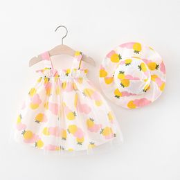Летняя детская одежда из 2 предметов, платья для маленьких девочек, милое хлопковое пляжное платье без рукавов с милым принтом + шляпа от солнца, одежда для новорожденных