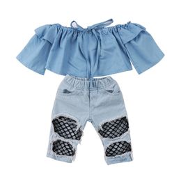 Toddler Kids Baby Girls Off Shoulder Tops Denim Pants Hole Jeans Outfits Clothes Summer Fashion Csual Kids Clothes 220608