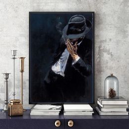 Cool Man Canvas Painting Smoking Man In Black Suit Poster and Prints Wall Art Modern Pictures for Living Room Decoration Cuadros