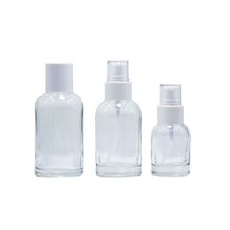Packing Glass Bottle Round Shoulder White Collar White Lotion Spary Pump Clear Lid With Plug Portable Refillable Cosmetic Packaging Container 40ml 100ml 120ml