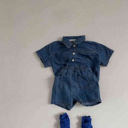 Boys and girls short-sleeved denim shirts cardigan tops children's suits summer baby girl shorts suits fashion two-piece suit G220517