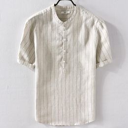 Men's Casual Shirts Brand Men's Linen Short-sleeved Striped Shirt Slim Flax Mens M-3XL Summer White Male CamisaMen's