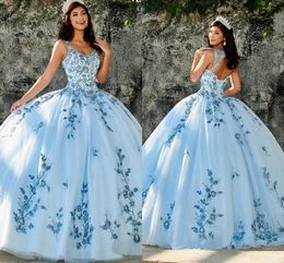 Blue Luxurious Quinceanera Dresses V Neck Spaghetti Straps Beaded Appliques Sleeveless Lace Ball Gown Prom Dresses 3D Flower Princess Evening Dress Vestidos De