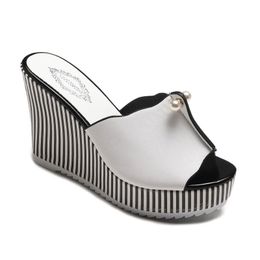 Slippers 2022 Summer Wedges Sandals High Heels Beach Platform Stripe Pearl Flip Flops Women Shoes Sandalias Mujer