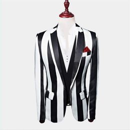 2020 Black And White Striped Blazer 3 Pieces Mens Suits Custom Made Wedding Tuxedos Jacket Pants Vest224D