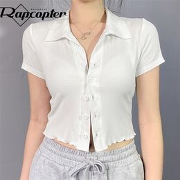 Ropter Single-Breasted Cardigans White Knitted Crop Top y2k Turn Down Collar T Shirt Short Sleeve Tshirt Women Harajuku Tee 220408