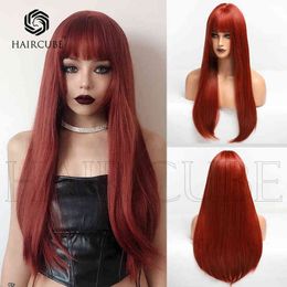 women's Wig Brown Red Qi bangs long straight hair suitable for party dance wigs 220527