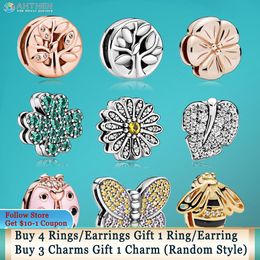925 Silver Fit Pandora Charm 925 Bracelet Bee Tree Polished Daisy Flower Butterfly Clip charms set Pendant DIY Fine Beads Jewellery