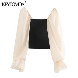 KPYTOMOA Women Fashion Patchwork Organza Cropped Knitted Blouses Vintage See Through Sleeve Stretch Female Shirts Chic Tops 210308