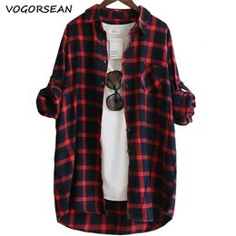 VogorSean Cotton Women Blouse Shirt Plaid 2020 Loose Casual Plaid Long sleeve Large size Tops Womens Blouses red green LJ200813