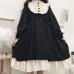 Japanese Style Autumn WomenS Dresses ONeck High Waist Slimming ContrastColor Ruffled Sweet Lolita Dress Kawaii Clothing 220809