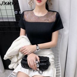 Sequined short-sleeved T-shirt spring and summer sexy small shirt self-cultivation all-match careful machine white top 210412