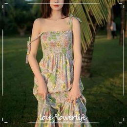 Summer French Elegant Spaghetti Strap Dress Women Floral Midi Dress Female Sweet Party Evening Beach Dress Korea 210521