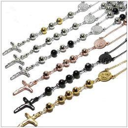 Chains 4/6/8mm Fashion Rosary Bead Chain Cross Pendant Necklace Stainless Steel Silver/Gold/Black Color Mens Womens Jewelry GiftChains