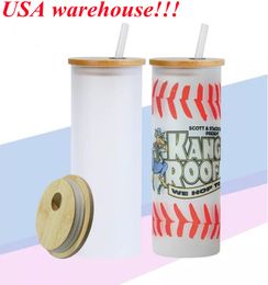 local warehouse 25oz sublimation glass tumbler blank straight tumbler glass water bottle with bamboo lids beer Can Soda Can summer drinking cups USA stock