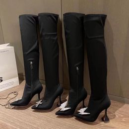 AMINA MUADDI Black Begum Thigh-High Boots Over Knee Boot Pointed Black Desert Boots Winter Wedding Dress Shoes Size US4-11 With Box NO389