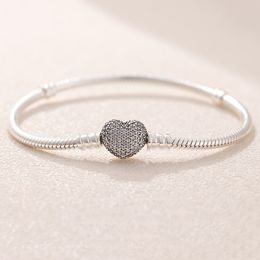 Classic CZ diamond pave Love heart Charms Bracelets 925 Sterling Silver snake chain Women Girls designer jewelry with Original gift box for Pandora bracelet