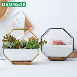 Metal Iron Rack White Ceramic Planter Pot Simple Octagonal Geometric Wall Hanging Flower Tray Frame Y200709