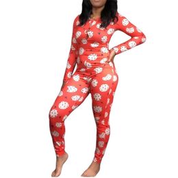 Fall Winter The Butt Flap Playsuit Womens LongSleeved Homewear Open Crotch OnePiece Pyjamas VNeck Cartoon Printed Jumpsuit 201007