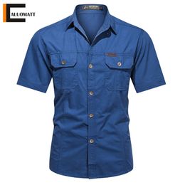 Mens Military Shirts Casual Short Sleeve Summer Work Shirt Cotton Slim Fit Breathable Army Cargo Shirt Men Tactical Tops 220622